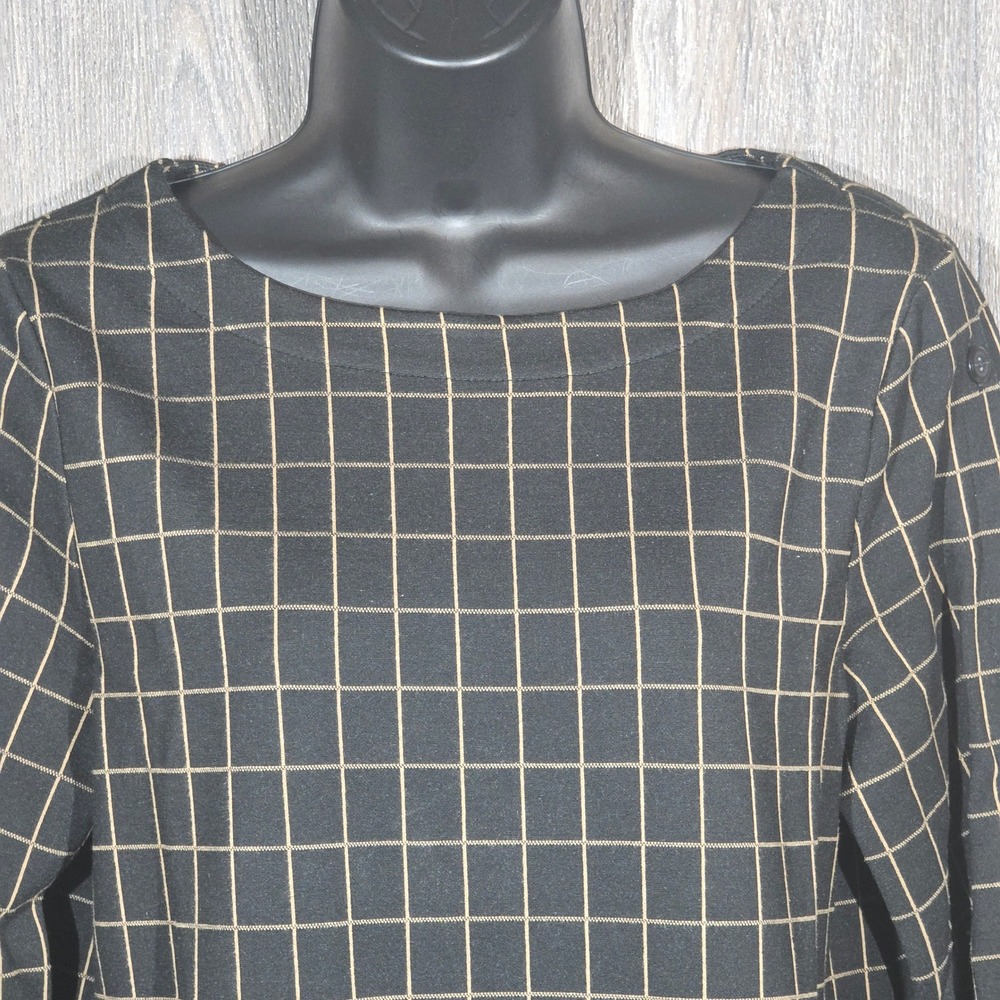 J. Jill Ponte Top‎ Black Tan Gold Windowpane Grid Knit Button Sleeve Small S